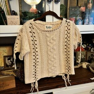 Knitz by For Love and Lemons cream short sleeve cropped cotton sweater top